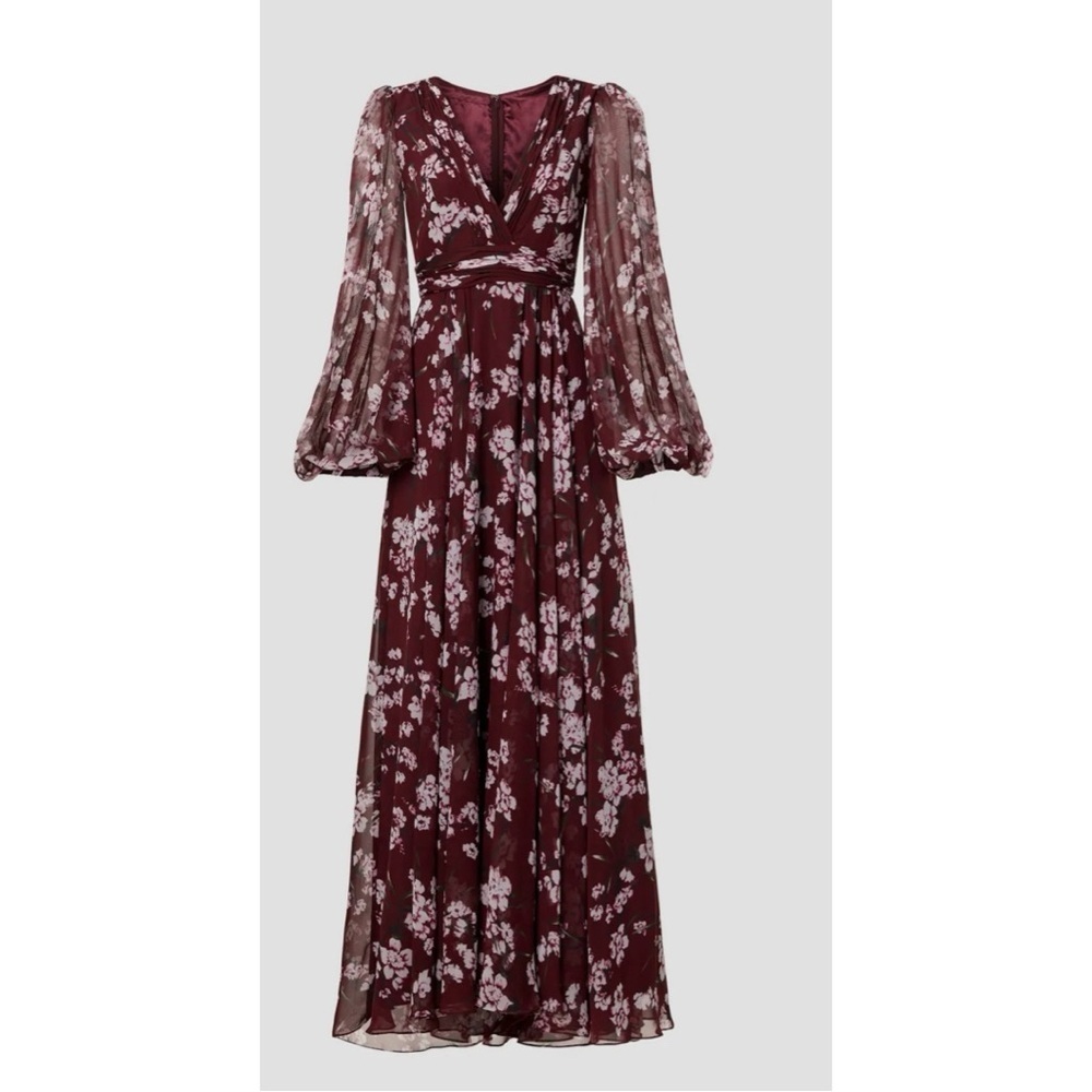 MacDuggal Floral Chiffon Formal Maxi Gown Dress 2 XS Dark Red Long Sleeve - Picture 9 of 9